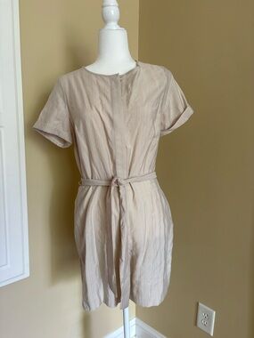 Beige Short Sleeve Tie-Waist Dress